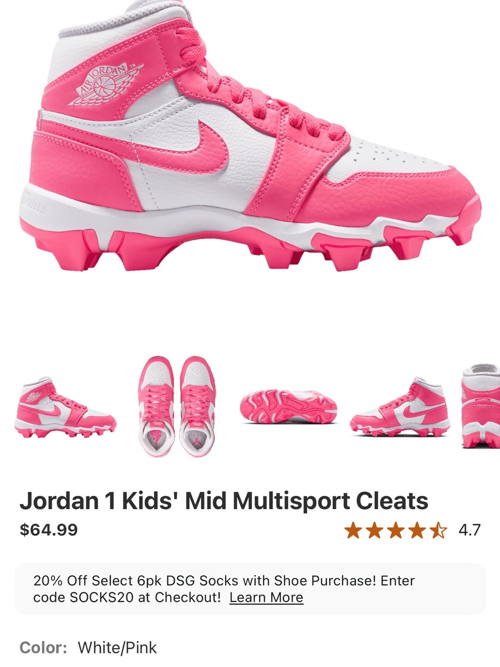 Jordan Kids' Mid Multisport Cleats in White and Pink